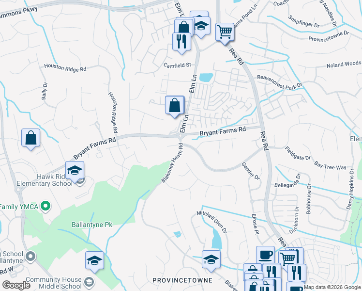map of restaurants, bars, coffee shops, grocery stores, and more near 6408 Parks Farm Lane in Charlotte