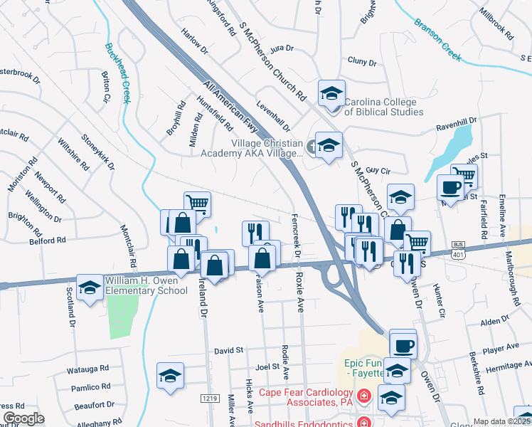 map of restaurants, bars, coffee shops, grocery stores, and more near 820 Astron Lane in Fayetteville