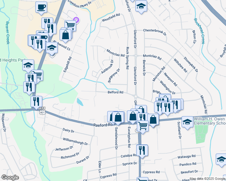 map of restaurants, bars, coffee shops, grocery stores, and more near 4732 Belford Road in Fayetteville