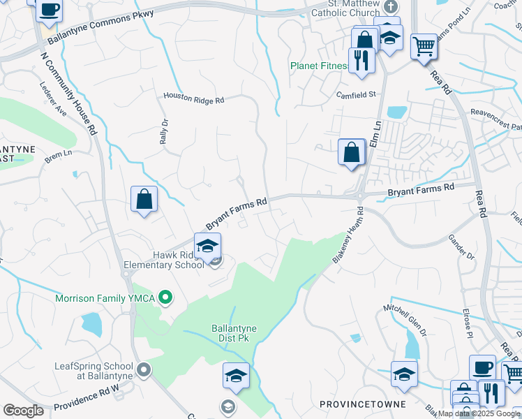 map of restaurants, bars, coffee shops, grocery stores, and more near 9514 Elizabeth Townes Lane in Charlotte