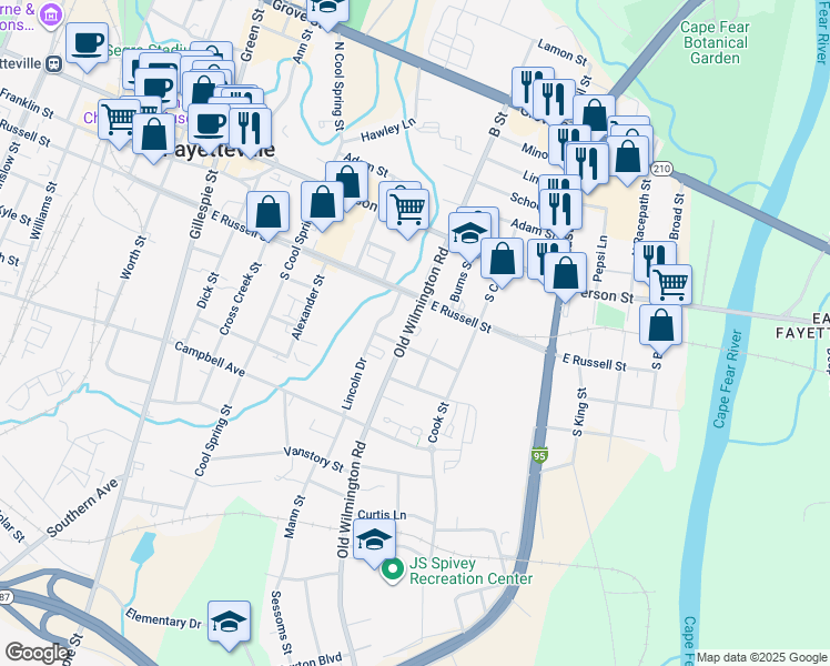 map of restaurants, bars, coffee shops, grocery stores, and more near 215 Old Wilmington Road in Fayetteville