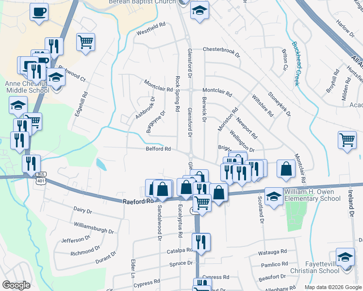 map of restaurants, bars, coffee shops, grocery stores, and more near 4717 Belford Road in Fayetteville