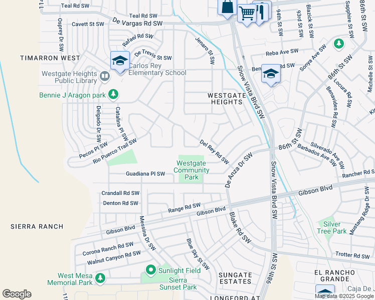 map of restaurants, bars, coffee shops, grocery stores, and more near 1420 Del Rey Place Southwest in Albuquerque