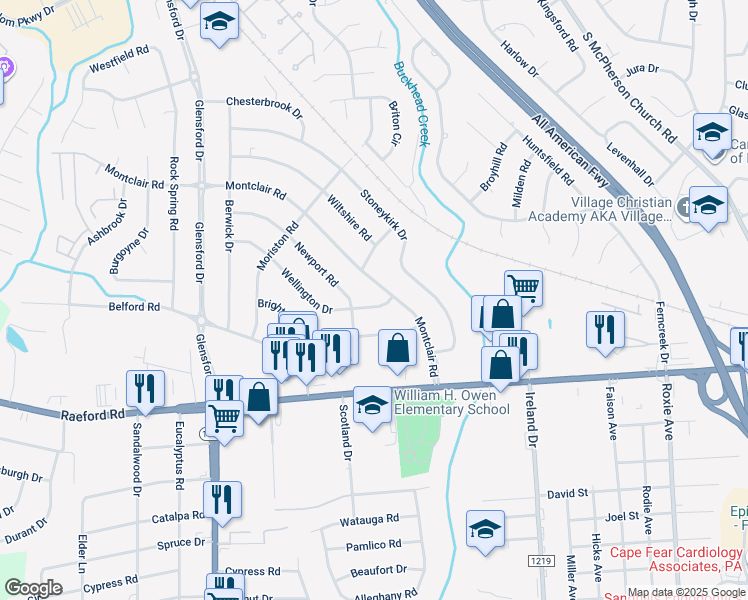 map of restaurants, bars, coffee shops, grocery stores, and more near 4316 Wellington Drive in Fayetteville