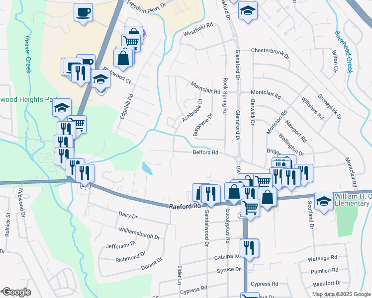 map of restaurants, bars, coffee shops, grocery stores, and more near 4739-4741 Belford Road in Fayetteville