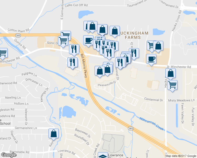 map of restaurants, bars, coffee shops, grocery stores, and more near 7697 Winchester Road in Memphis