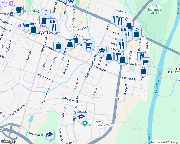 map of restaurants, bars, coffee shops, grocery stores, and more near 215 Old Wilmington Road in Fayetteville