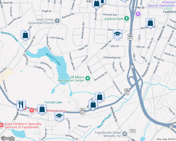 map of restaurants, bars, coffee shops, grocery stores, and more near 811 Isley Street in Fayetteville