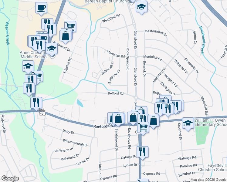 map of restaurants, bars, coffee shops, grocery stores, and more near 4732 Belford Road in Fayetteville