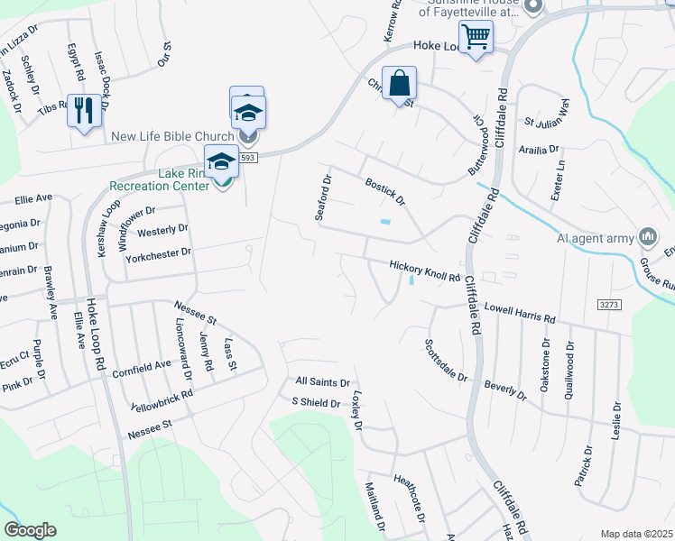 map of restaurants, bars, coffee shops, grocery stores, and more near 5602 Pleasant Run Road in Fayetteville
