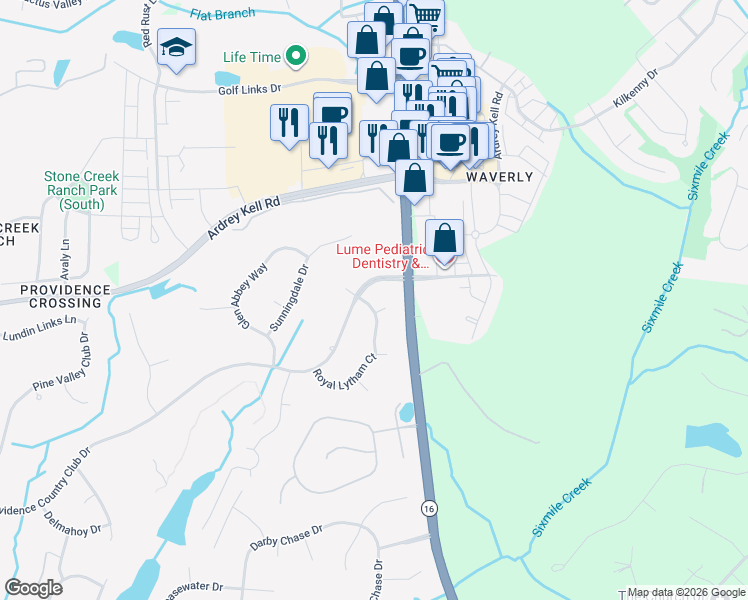 map of restaurants, bars, coffee shops, grocery stores, and more near 11918 Braid Hills Drive in Charlotte