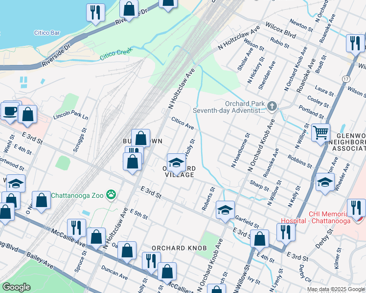 map of restaurants, bars, coffee shops, grocery stores, and more near 611 North Highland Park Avenue in Chattanooga