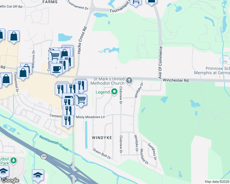 map of restaurants, bars, coffee shops, grocery stores, and more near 3770 Wind Valley Drive in Memphis