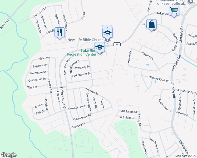 map of restaurants, bars, coffee shops, grocery stores, and more near 5736 Scarecrow Court in Fayetteville