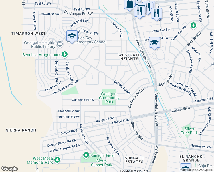 map of restaurants, bars, coffee shops, grocery stores, and more near 1420 Del Rey Place Southwest in Albuquerque