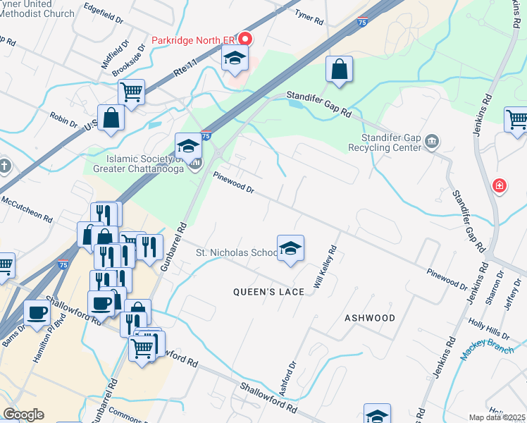 map of restaurants, bars, coffee shops, grocery stores, and more near 7549 Remington Court in Chattanooga