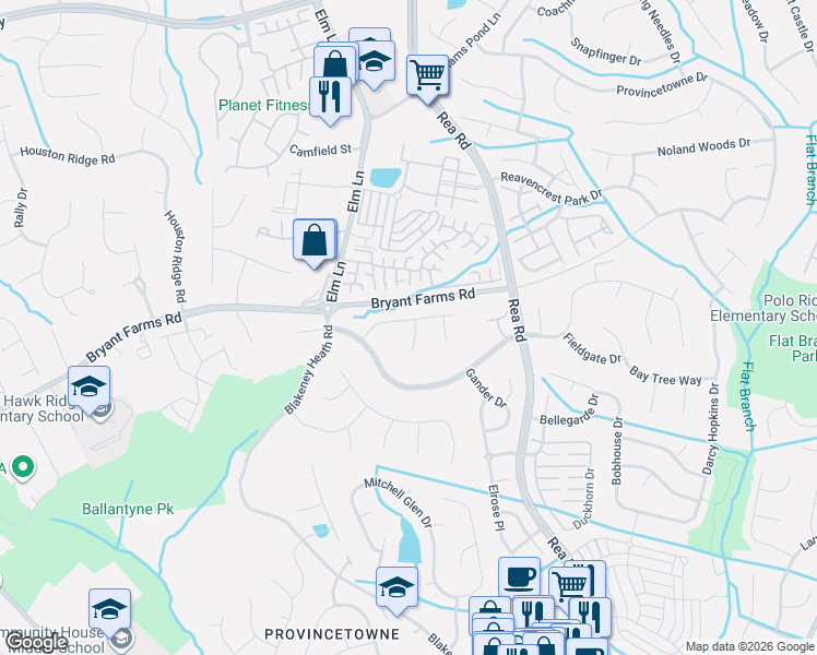map of restaurants, bars, coffee shops, grocery stores, and more near 11726 Carisbrook Lane in Charlotte