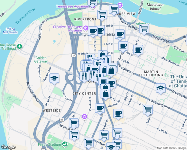 map of restaurants, bars, coffee shops, grocery stores, and more near 827 Broad Street in Chattanooga