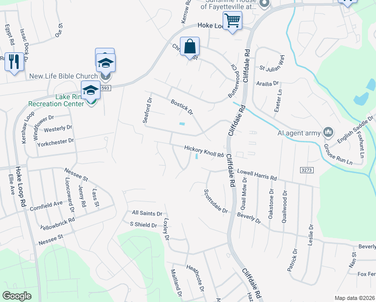 map of restaurants, bars, coffee shops, grocery stores, and more near 1817 Shady Knoll Lane in Fayetteville