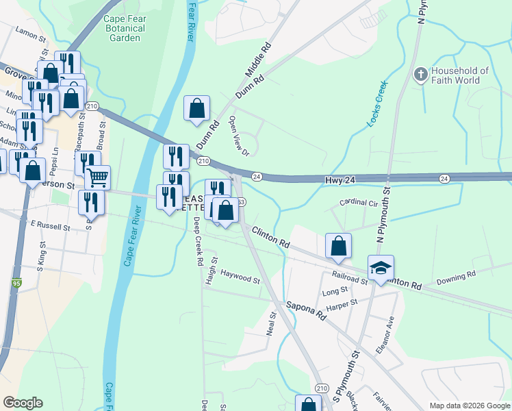 map of restaurants, bars, coffee shops, grocery stores, and more near 125 Lock Trail in Fayetteville