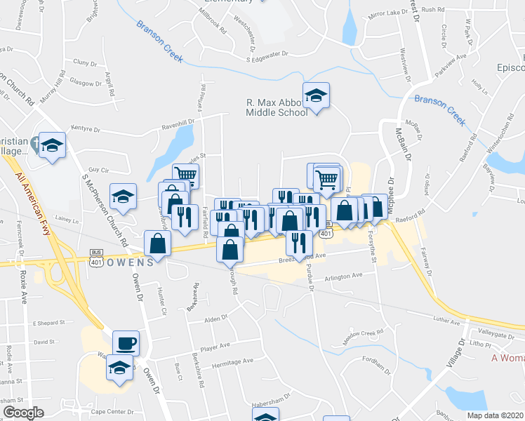 map of restaurants, bars, coffee shops, grocery stores, and more near 114 Willborough Avenue in Fayetteville