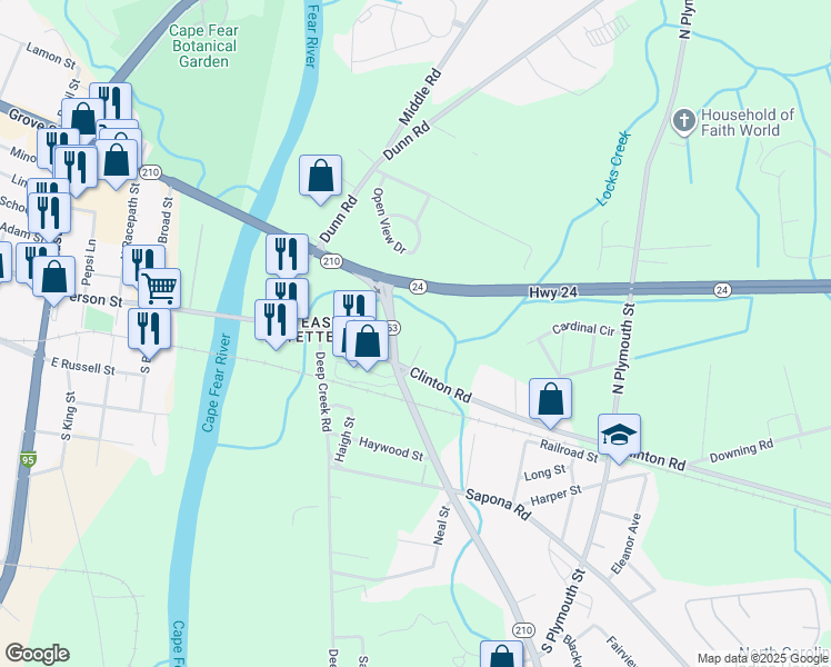 map of restaurants, bars, coffee shops, grocery stores, and more near 125 Lock Trail in Fayetteville