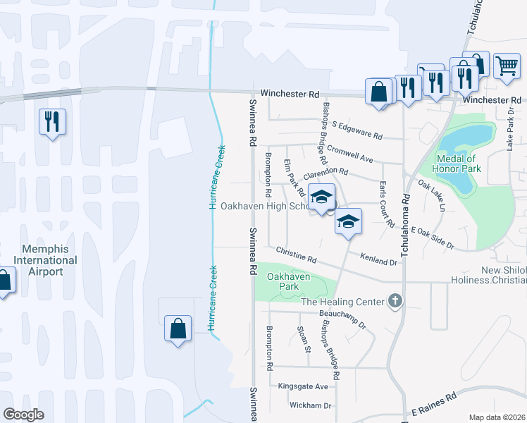 map of restaurants, bars, coffee shops, grocery stores, and more near 3615 Swinnea Road in Memphis
