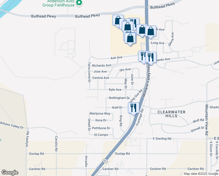 map of restaurants, bars, coffee shops, grocery stores, and more near 1597 Kyle Avenue in Bullhead City