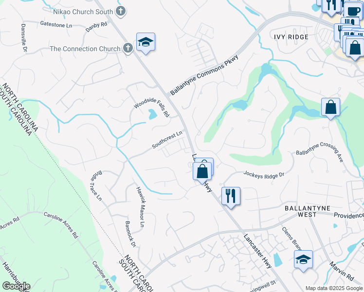 map of restaurants, bars, coffee shops, grocery stores, and more near 17014 Fairmount Way in Pineville