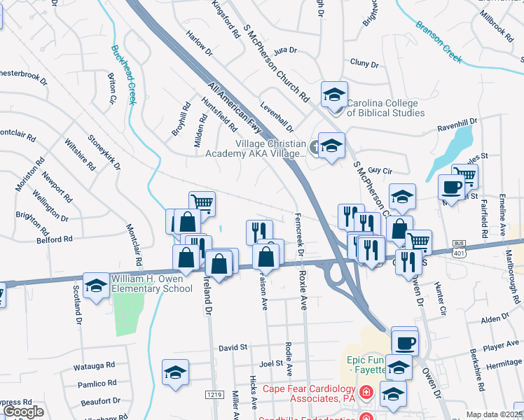 map of restaurants, bars, coffee shops, grocery stores, and more near 830 Astron Lane in Fayetteville