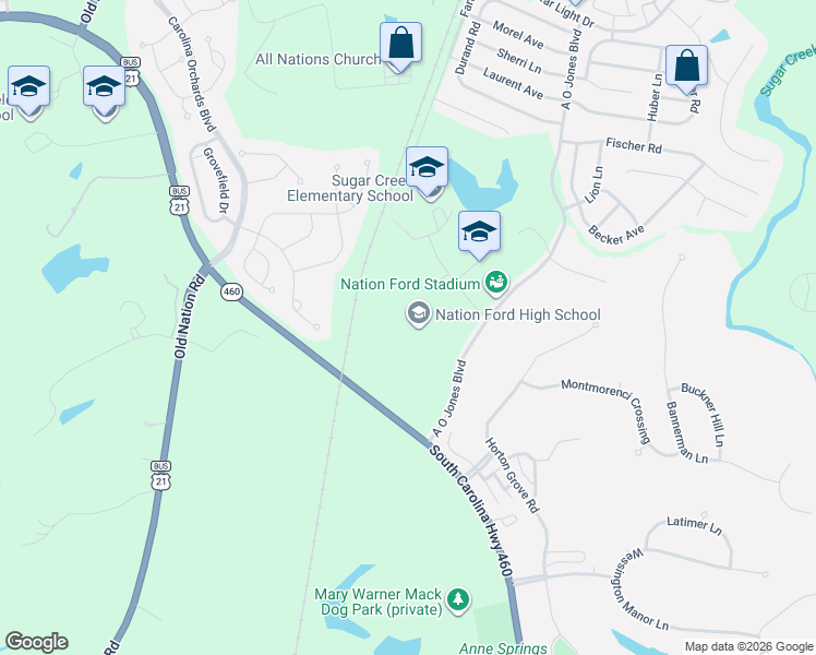 map of restaurants, bars, coffee shops, grocery stores, and more near 1400 A O Jones Boulevard in Fort Mill