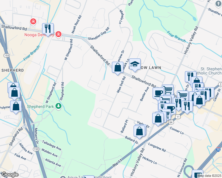 map of restaurants, bars, coffee shops, grocery stores, and more near 6513 Pine Manor Drive in Chattanooga