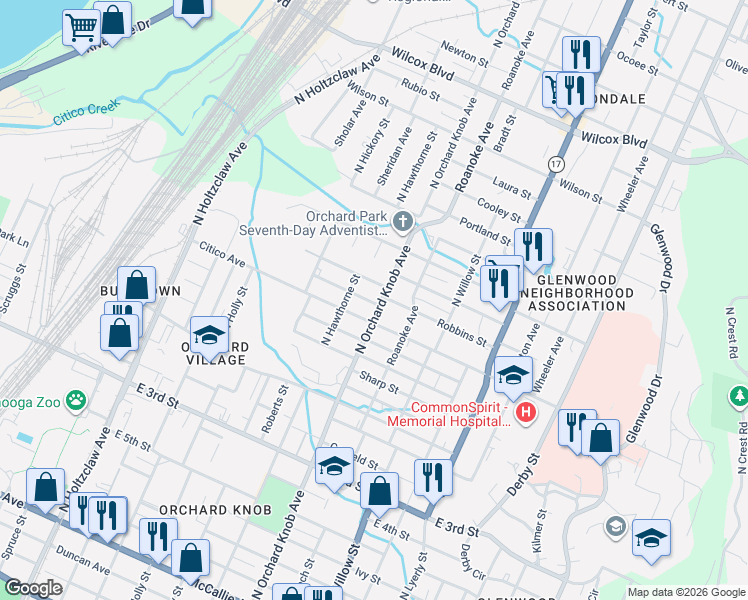 map of restaurants, bars, coffee shops, grocery stores, and more near 1903 Citico Avenue in Chattanooga