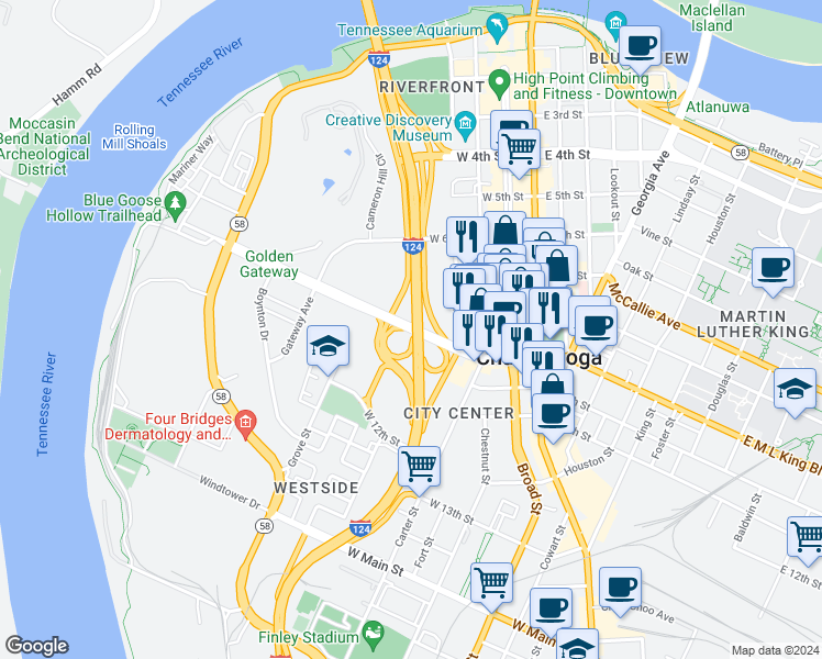 map of restaurants, bars, coffee shops, grocery stores, and more near 505 West Martin Luther King Boulevard in Chattanooga