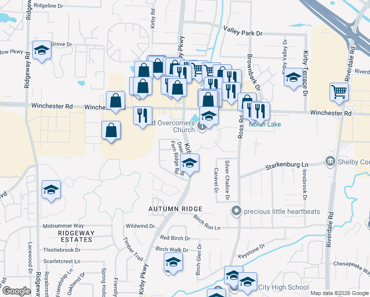 map of restaurants, bars, coffee shops, grocery stores, and more near 3758 Fern Ridge Road in Memphis
