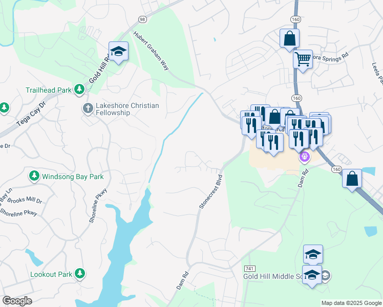 map of restaurants, bars, coffee shops, grocery stores, and more near 761 Ledgestone Court in Tega Cay