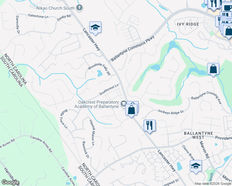 map of restaurants, bars, coffee shops, grocery stores, and more near 17014 Fairmount Way in Pineville