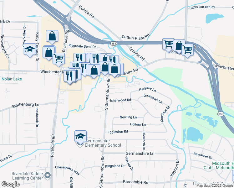 map of restaurants, bars, coffee shops, grocery stores, and more near 7237 German Creek Park in Memphis