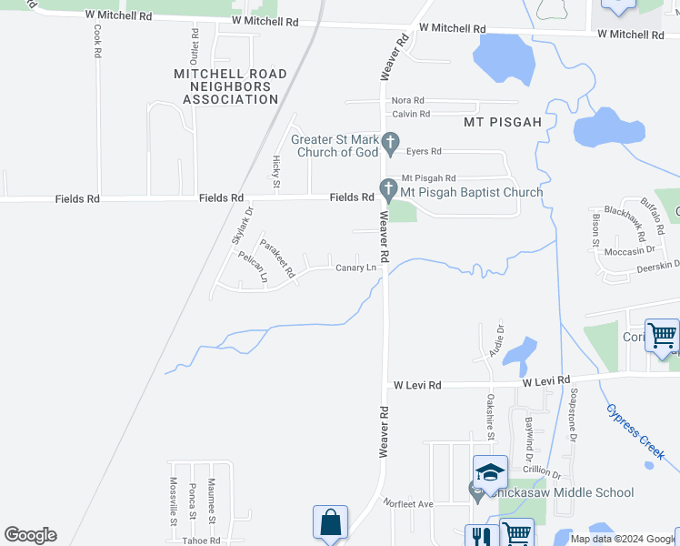 map of restaurants, bars, coffee shops, grocery stores, and more near 1039 Canary Lane in Memphis