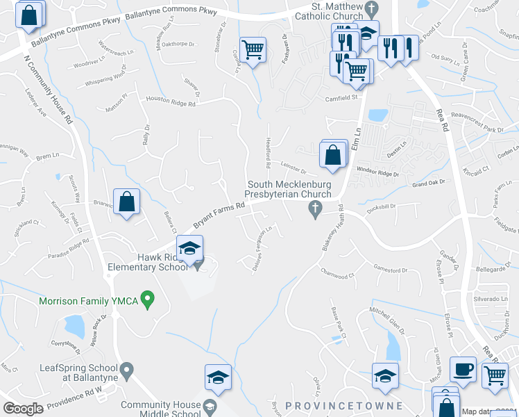 map of restaurants, bars, coffee shops, grocery stores, and more near 9438 Elizabeth Townes Lane in Charlotte