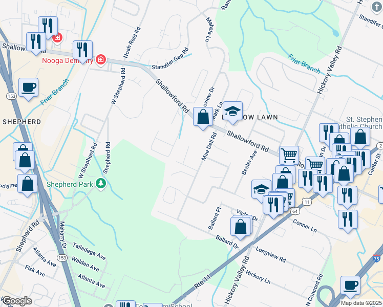map of restaurants, bars, coffee shops, grocery stores, and more near 6513 Pine Manor Drive in Chattanooga