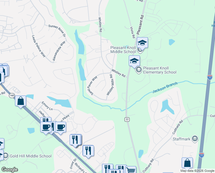 map of restaurants, bars, coffee shops, grocery stores, and more near 178 Whitley Mills Road in Fort Mill