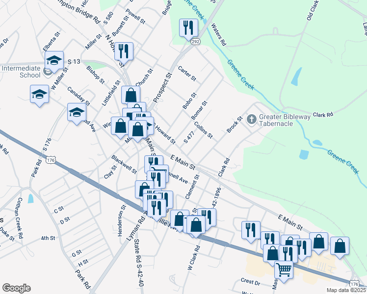 map of restaurants, bars, coffee shops, grocery stores, and more near 37 South Howard Street in Inman