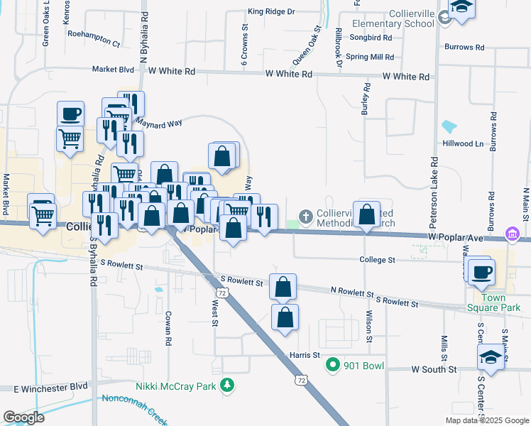 map of restaurants, bars, coffee shops, grocery stores, and more near 490 West Poplar Avenue in Collierville