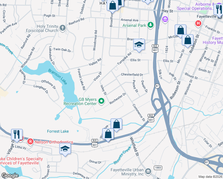 map of restaurants, bars, coffee shops, grocery stores, and more near 1107 Chesterfield Drive in Fayetteville