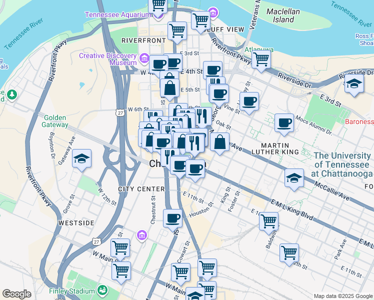 map of restaurants, bars, coffee shops, grocery stores, and more near 724 Cherry Street in Chattanooga