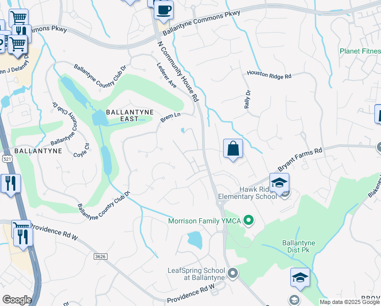 map of restaurants, bars, coffee shops, grocery stores, and more near 9735 Briarwick Lane in Charlotte