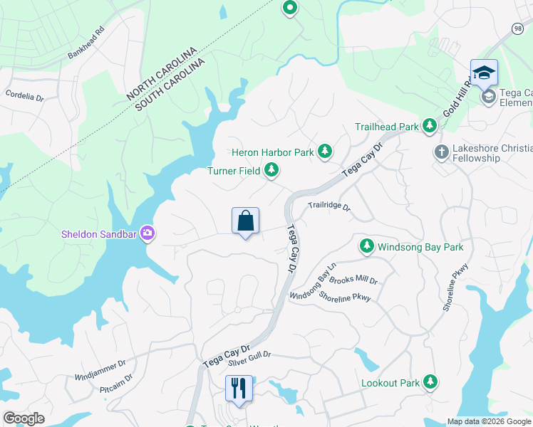 map of restaurants, bars, coffee shops, grocery stores, and more near 11116 Broken Brook Way in Tega Cay