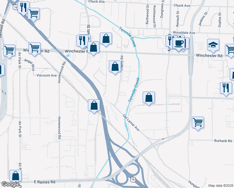 map of restaurants, bars, coffee shops, grocery stores, and more near 3700 Cherry Road in Memphis