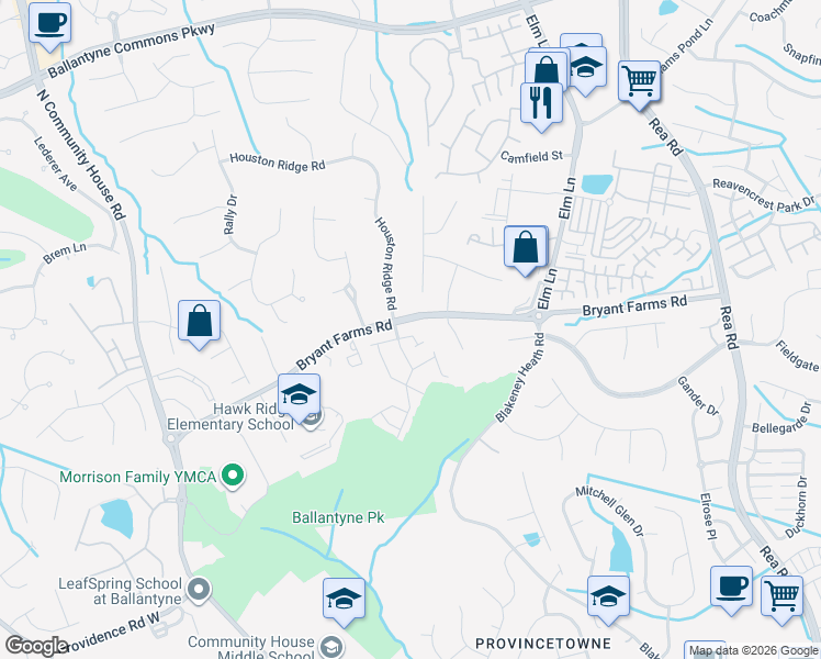 map of restaurants, bars, coffee shops, grocery stores, and more near 8924 Bryant Farms Road in Charlotte